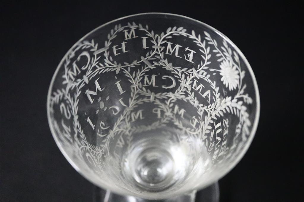 A rare documentary Irish wheel engraved lead glass goblet, dated 1697, with a Victorian fitted rosewood & pewter inlaid box